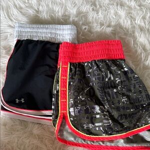 Under Armour women's Black and Olive Script Athletic Shorts with Neon Pink Trim